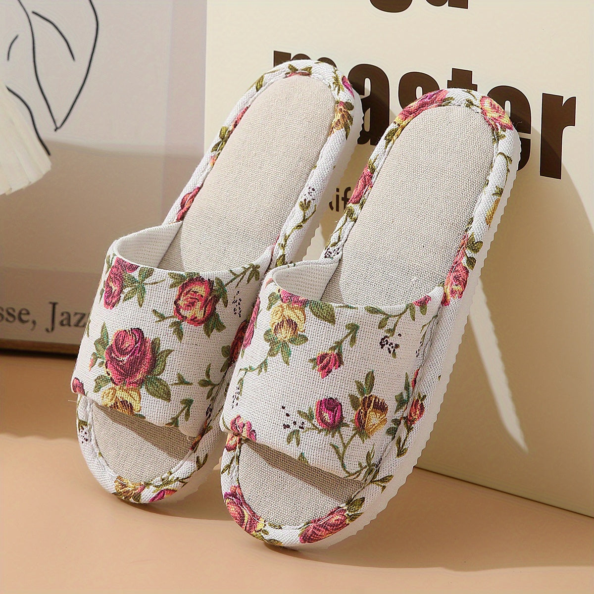 Floral Print Flat Slippers Open Toe Lightweight Casual Slides