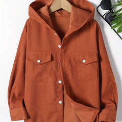 Boys Corduroy Hooded Shirts Long Sleeve Button Down Tops