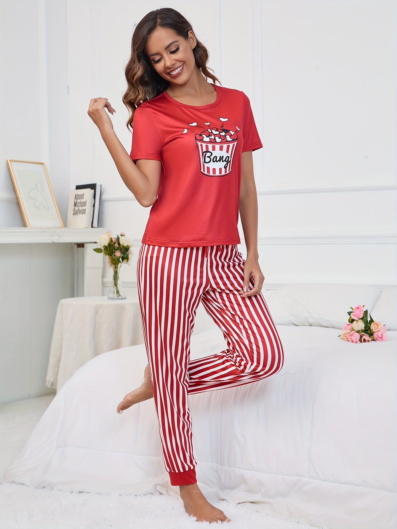 Heart Print Lounge Set Short Sleeve Crew Neck Top & Striped Pants