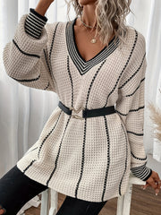 Striped V Neck Pullover Sweater Casual Long Sleeve Loose Sweater