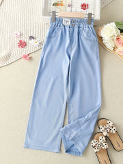 Girls Loose Casual Jeans Elastic Waist Letter Patched Wide Leg Denim Pants