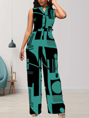 Graphic Print Sleeveless Jumpsuit V Neck Wide Leg Jumpsuit