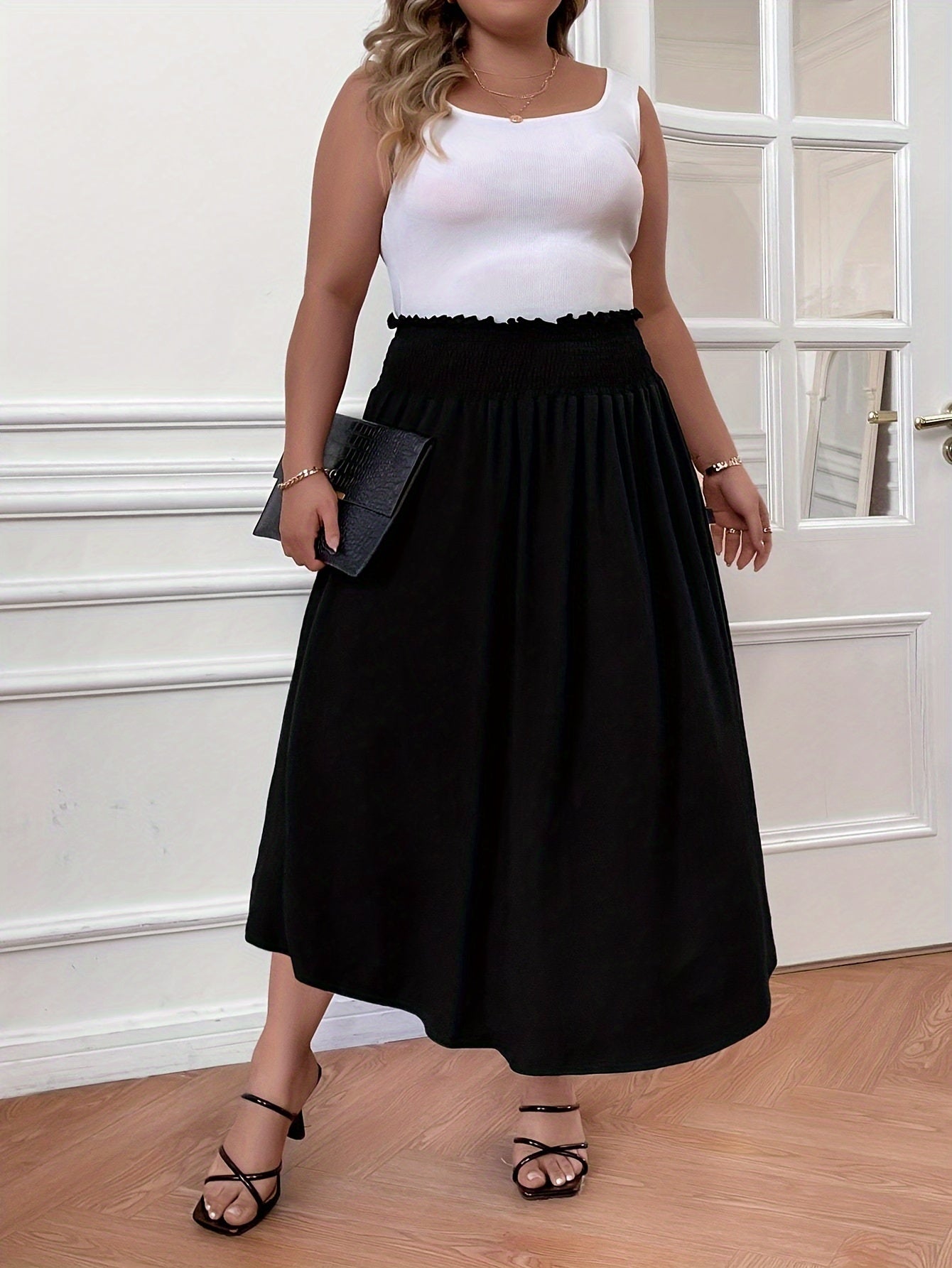 Women's Plus Solid Shirred Waist High Rise Maxi Skirt