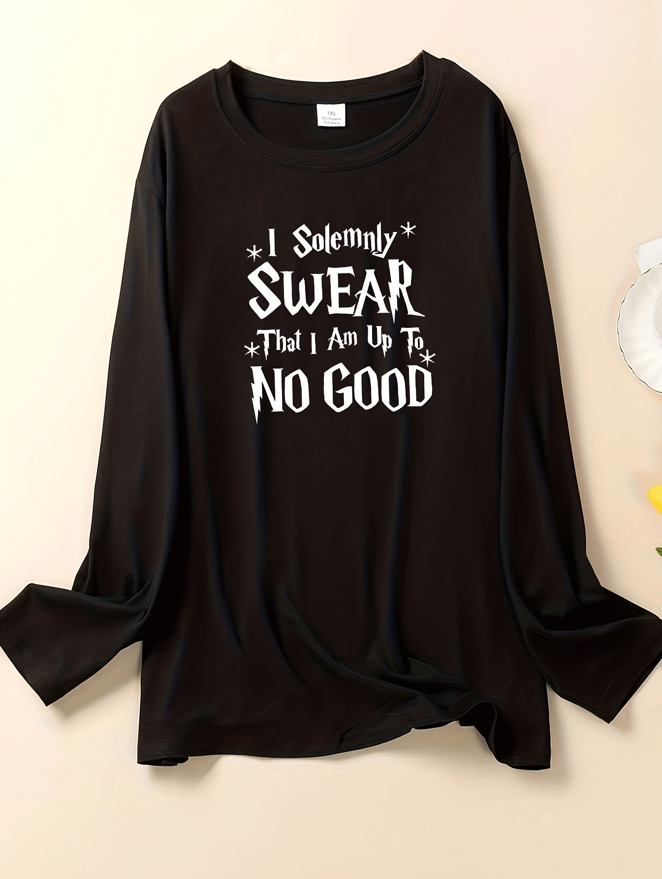 Plus Size Lounge Top Women's Plus Letter Graphic Long Sleeve Round Neck