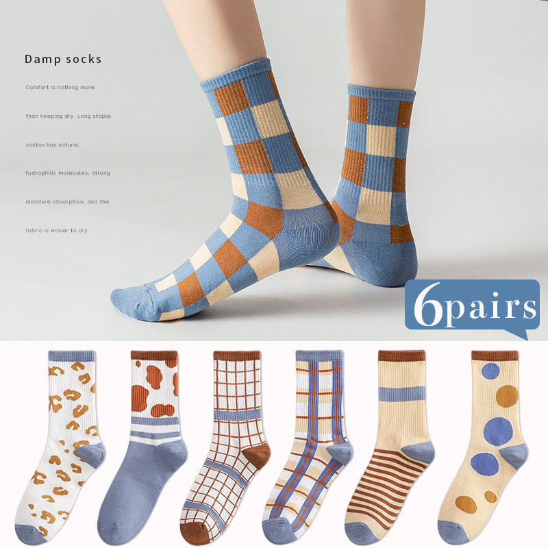 6 Pairs Cartoon College Style Socks Ribbed Mid Tube Stockings