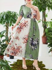 Boho Kaftan Dress Women's Plus Colorblock Floral Print Maxi Dress