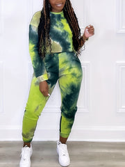 Tie Dye Print Crop Top & Sweatpants Set Plus Size Women's Casual 2pcs Outfit