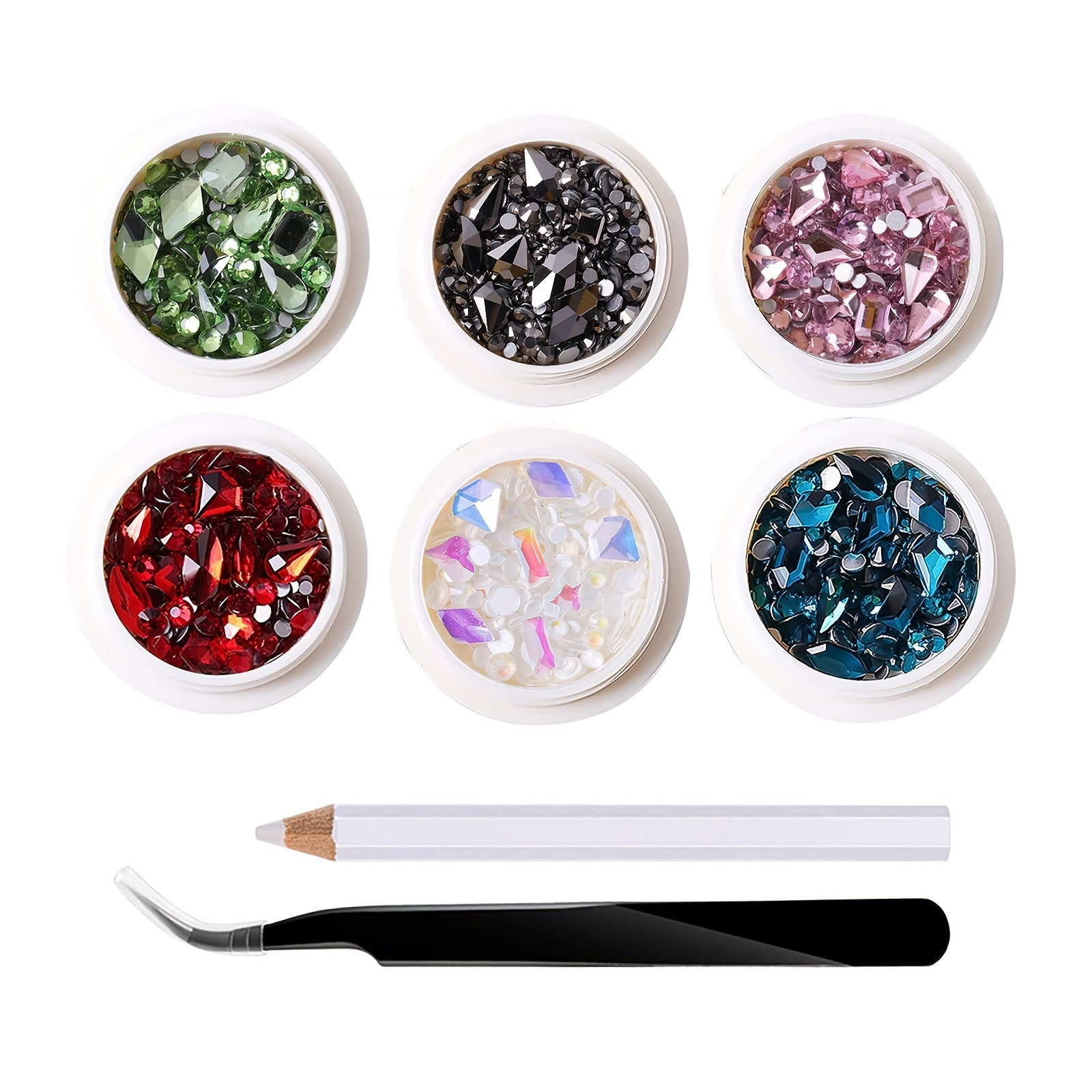 6 Boxes Nail Art Rhinestones Set with Drill Pen and Tweezers