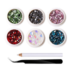 6 Boxes Nail Art Rhinestones Set with Drill Pen and Tweezers