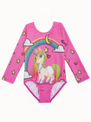 Girls Pony Graphic Print Long Sleeve Gymnastics Leotard