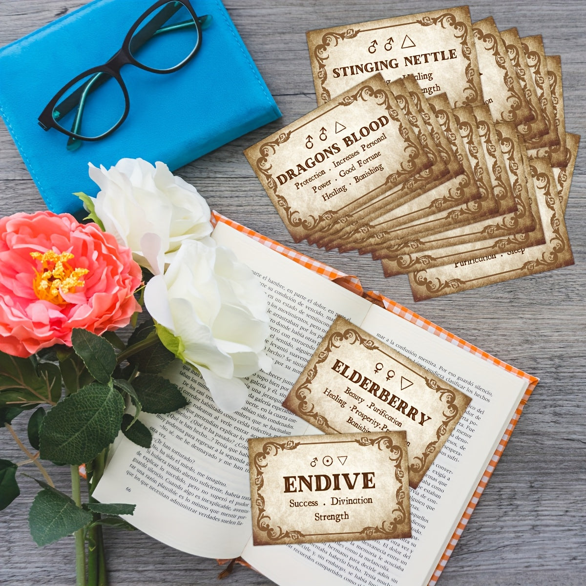 Set of 40 Vintage Witchcraft Herbs Flashcards with Meanings & Symbols