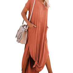 Solid Pocket Short Sleeve Crew Neck Dress Women's Clothing