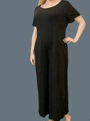 Solid Round Neck Short Sleeve Wide Leg Jumpsuit