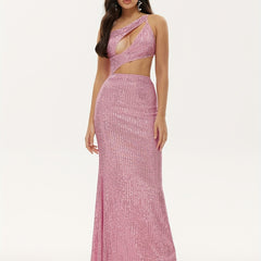 One Shoulder Sequined Dress Sexy Sleeveless Dress