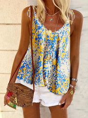Floral Print V Neck Cami Top Lace Up Sleeveless