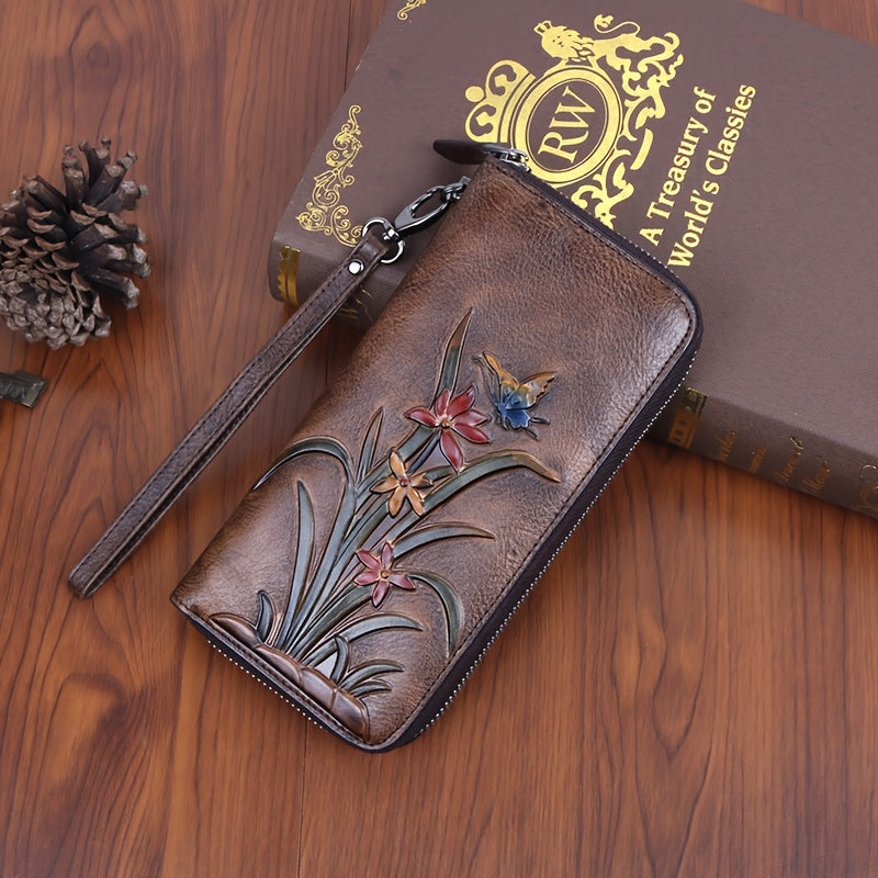 Vintage Leather Wrist Wallet Coffee & Floral Print