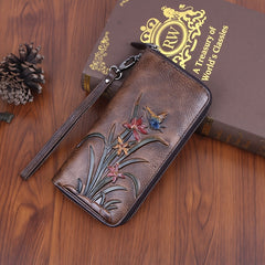 Vintage Leather Wrist Wallet Coffee & Floral Print