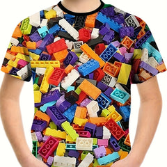 Colorful Building Block 3D Print Boy's T-shirt Round Neck Casual Top