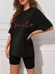 Smile Print Loose Top & Solid Leggings Set