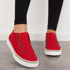 Women's Red Low Top Canvas Sneakers Round Toe Non Slip Walking Shoes