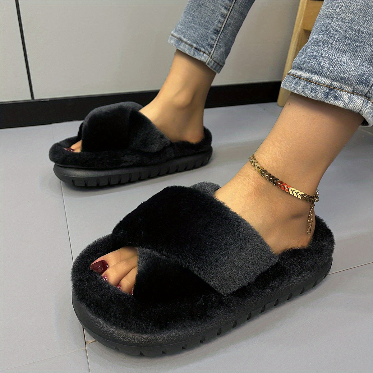 Women's Pink Fuzzy Platform Slippers Open Toe Solid Fluffy Shoes