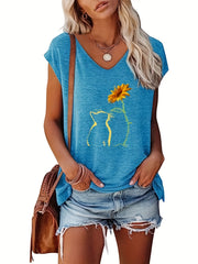 Cat & Sunflower Print Tank Top Cap Sleeve Women's Summer Casual Top