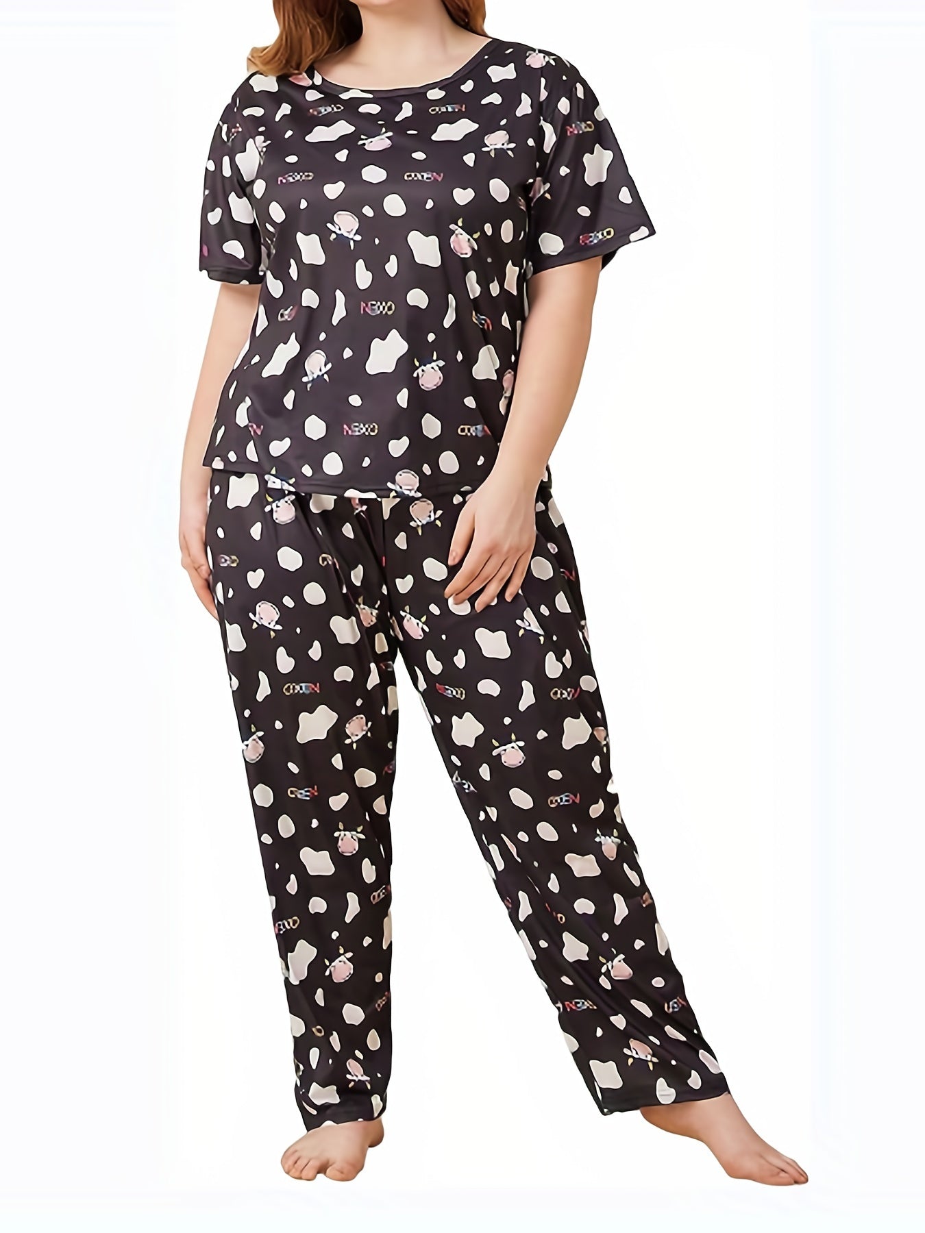 Cow Print Pajama Set Short Sleeve Tee & Pants