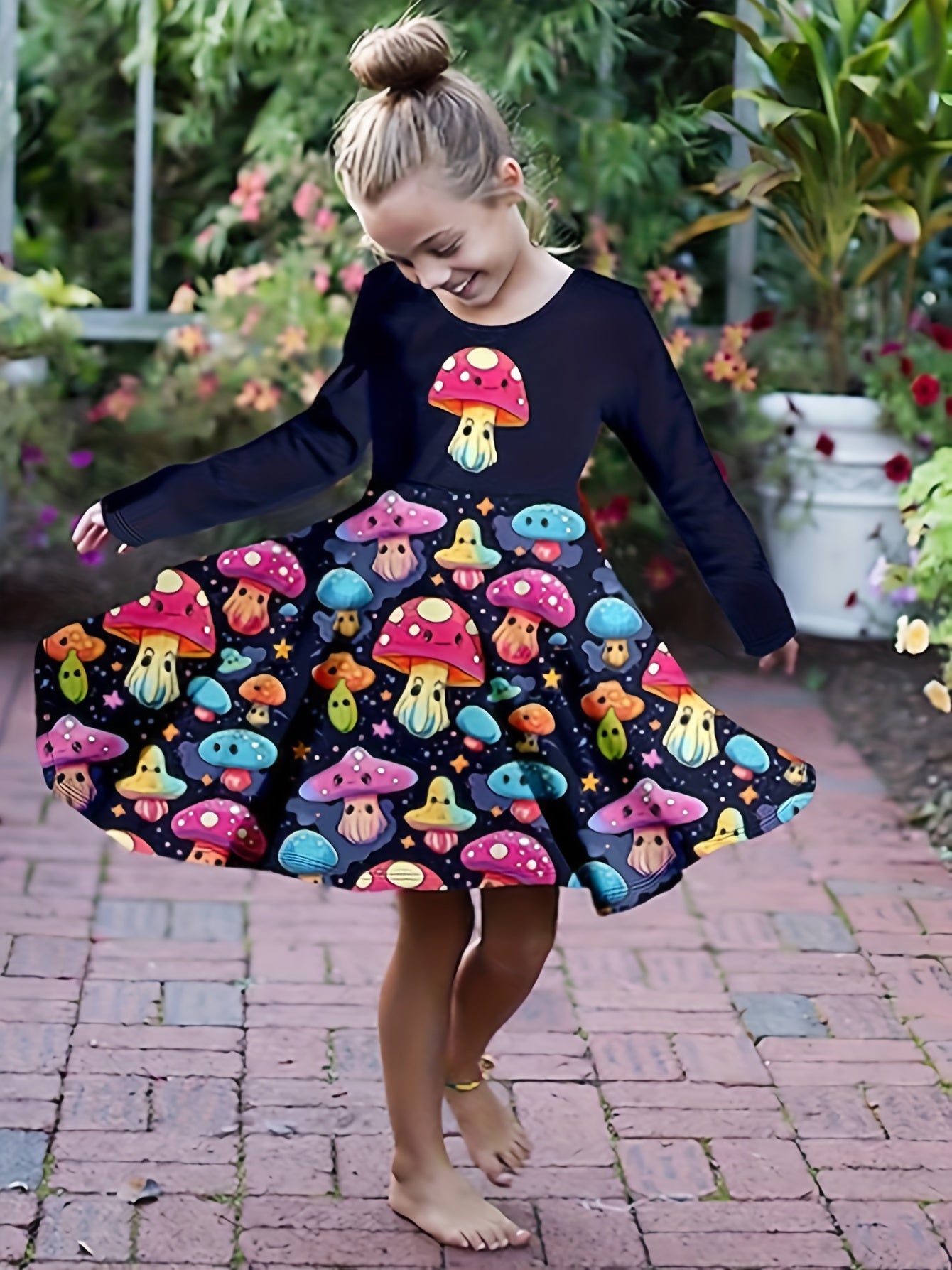 Girls Mushroom Graphic Long Sleeve Dress Spring Fall Party Gift