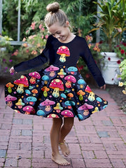 Girls Mushroom Graphic Long Sleeve Dress Spring Fall Party Gift