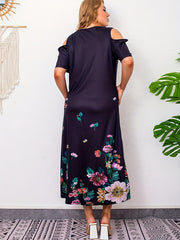 Floral Print Cold Shoulder Short Sleeve Round Neck Dress
