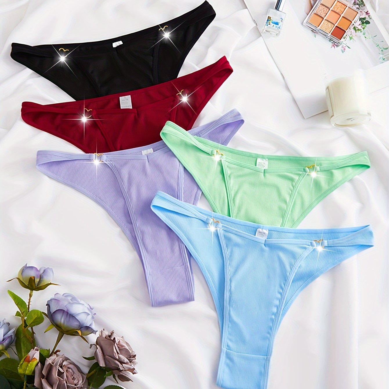 5 Pack Plus Size Sexy Panties Set Women's Plus Low Waist Ribbe