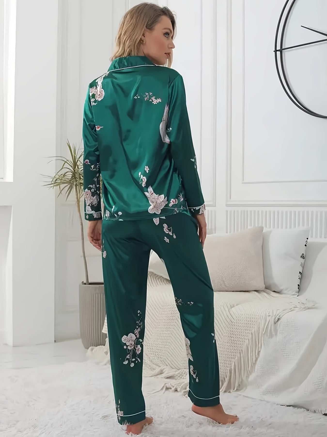 Floral Print Pajama Set Long Sleeve Buttons Top & Elastic Waistband Pants