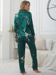 Floral Print Pajama Set Long Sleeve Buttons Top & Elastic Waistband Pants
