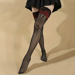 Flame Print Fishnet Thigh High Stockings Lace Trim Over The Knee Socks