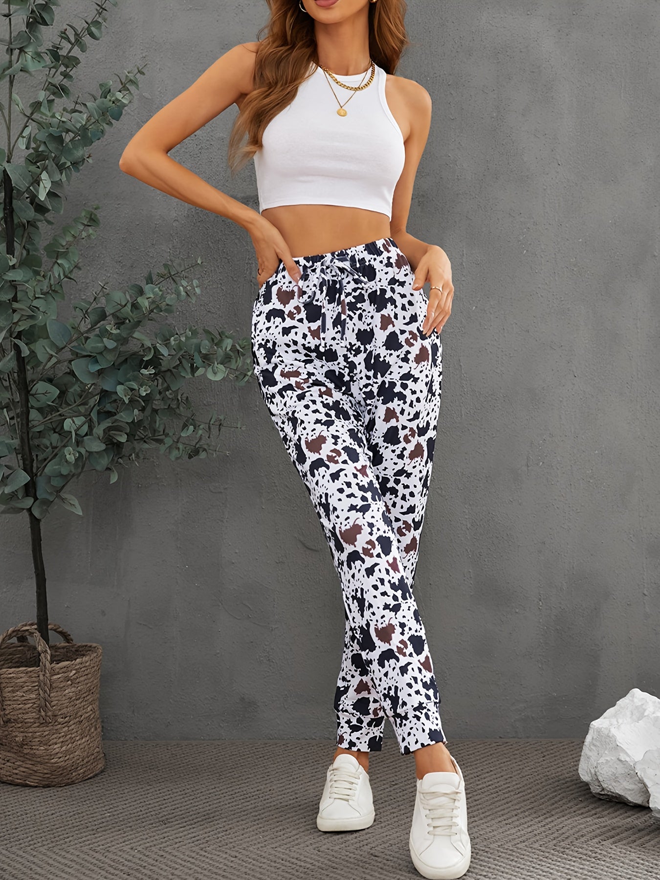 Cow Print Elastic Waist Jogger Pants Women's Activewear