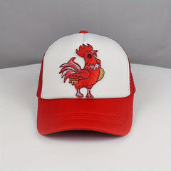 Red Cock Patch Trucker Hat Animal Pattern Mesh Baseball Cap Adjustable