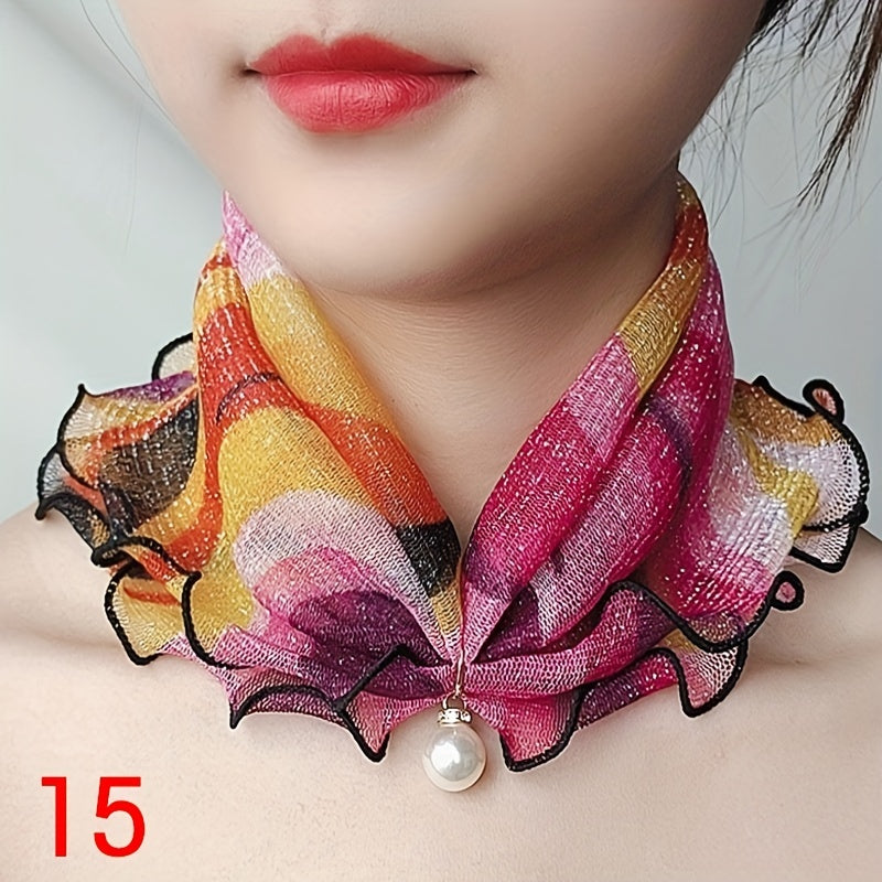 Breathable Lace Scarf with Faux Pearl Pendant