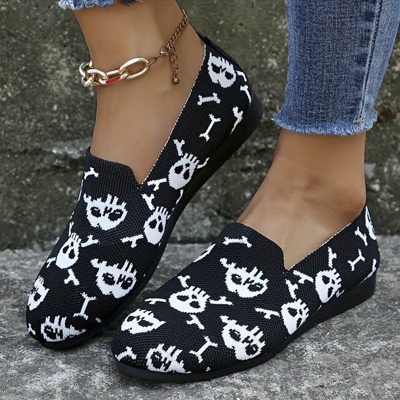 Women's Skull Pattern Halloween Flats Soft Sole Slip On Ballet Shoes