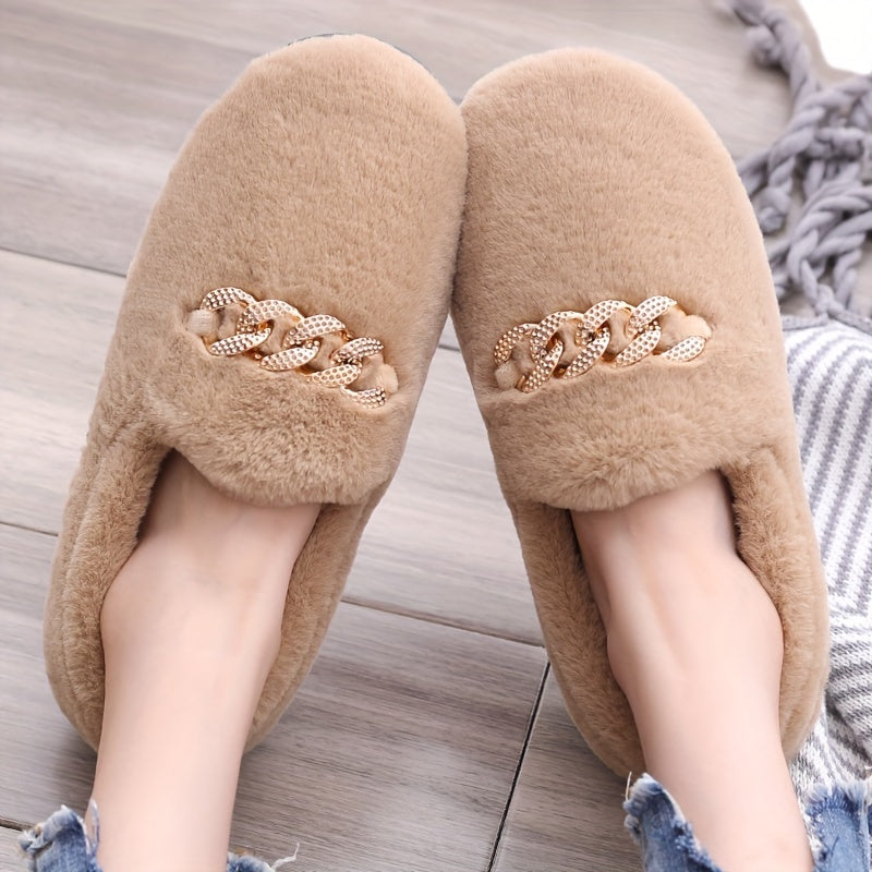 Women's Plush Chain Decor Slip On Slippers