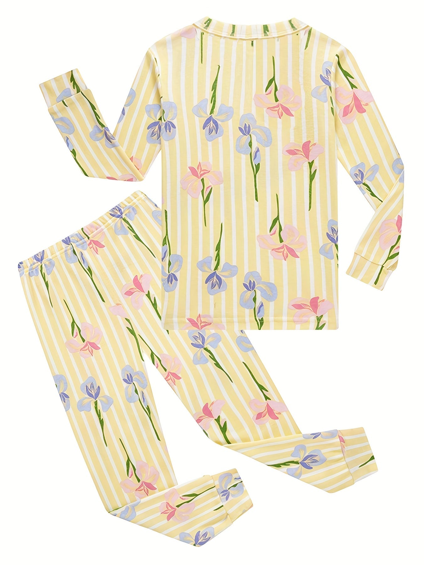 Girl's 2pcs Pajama Set Floral Stripe Print Loungewear 100% Cotton