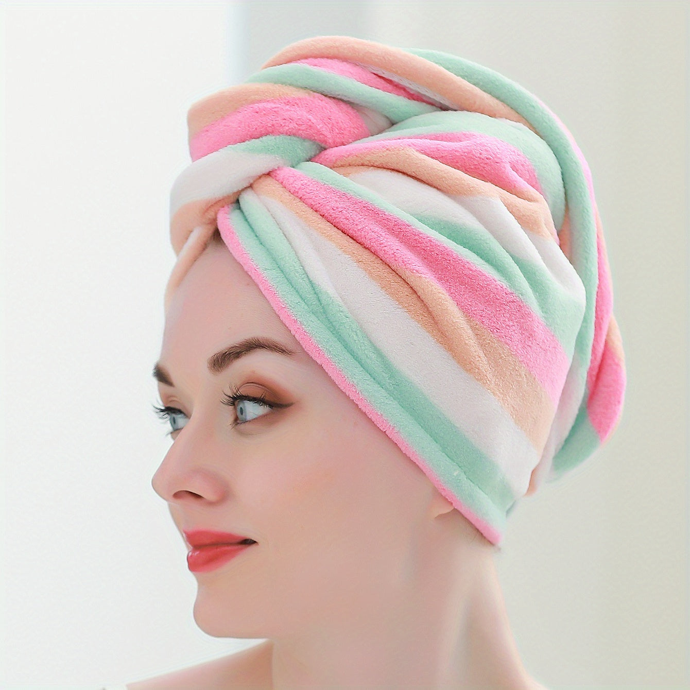 Rainbow Striped Hair Drying Cap Soft Coral Velvet Hair Towel