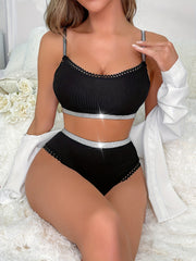 Lace Trim Ribbed Bra & Panties Set