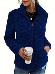 Solid Teddy Jacket Stand Collar Warm Outerwear Women's Clothing