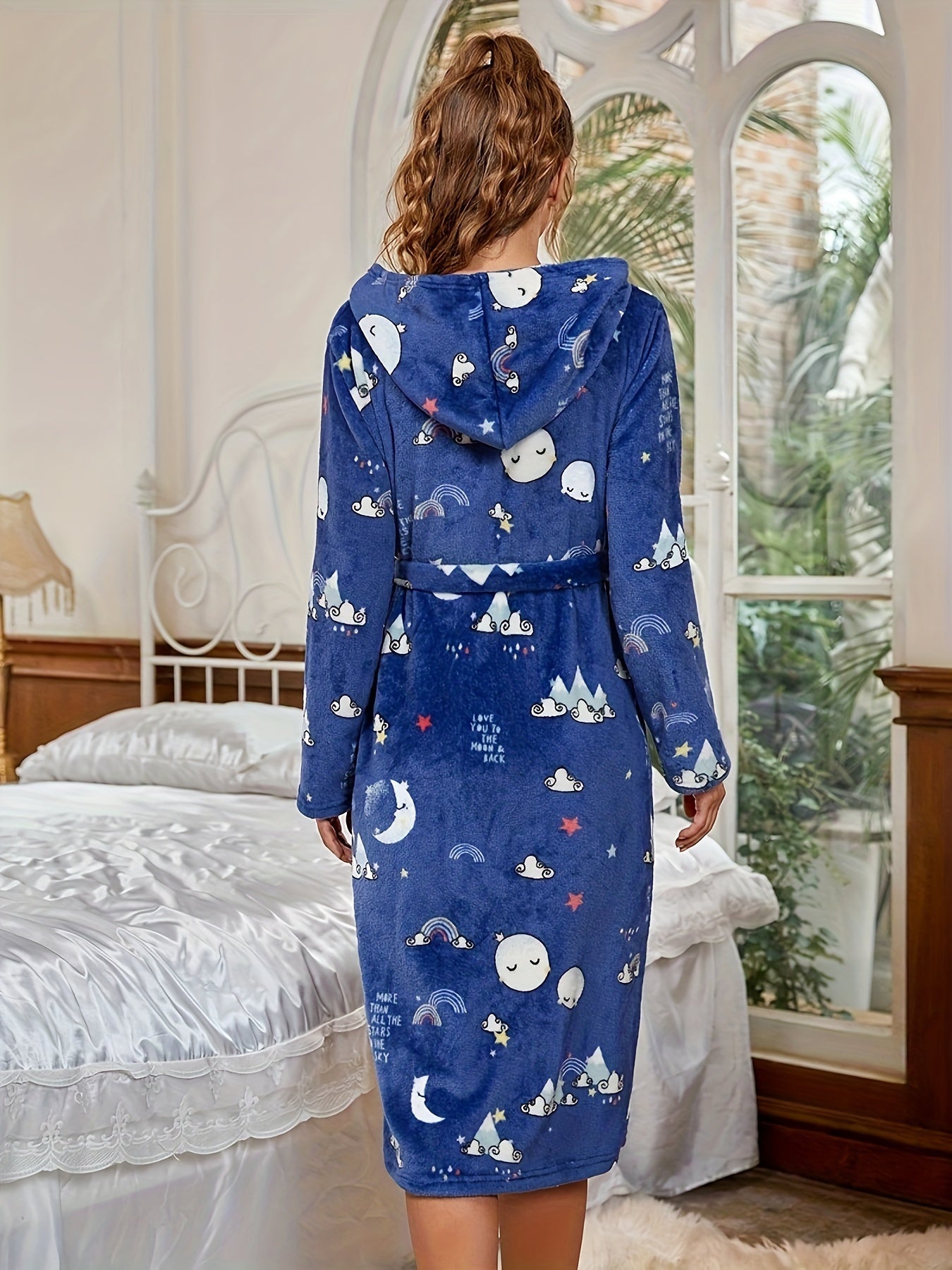 Cartoon Print Hooded Lounge Robes with Pockets Women's Loungewear