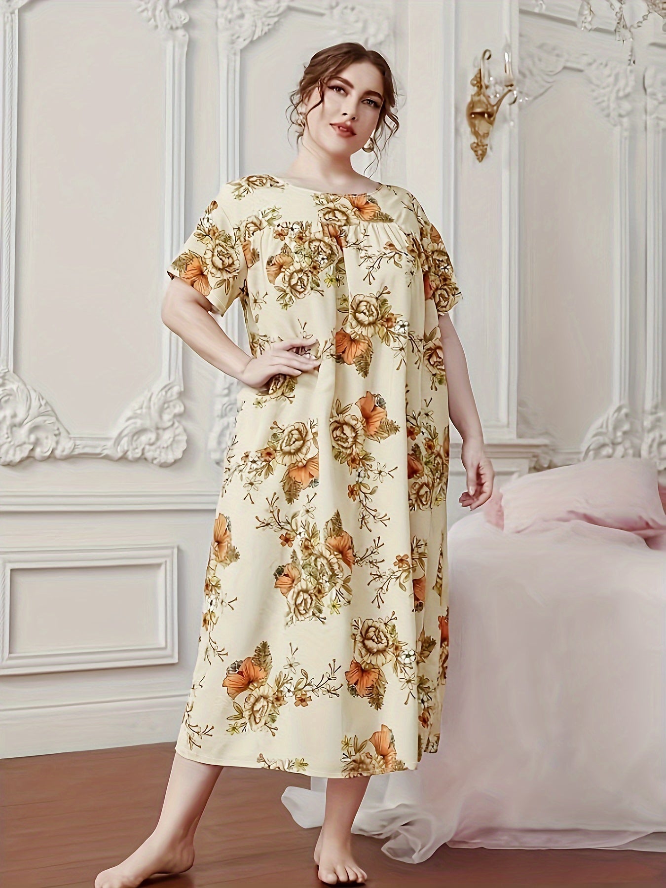 Floral Print Short Sleeve Lounge Dress