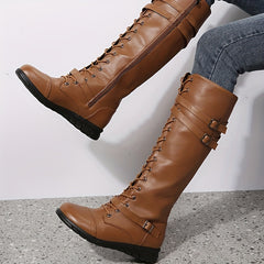 Women's Lace Up Knee High Combat Boots Low Heel Round Toe Riding Boots