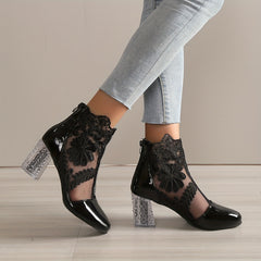 Floral Mesh High Heels Round Toe Chunky Heels Patent Leather Pumps