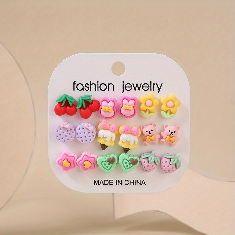 9 Pairs Small Fruit Animal Star Heart Flower Hypoallergenic Stud Earrings Set