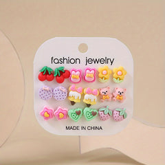 9 Pairs Small Fruit Animal Star Heart Flower Hypoallergenic Stud Earrings Set
