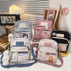 Cartoon Nylon Crossbody Bag With Bear Doll & Badge for Kids